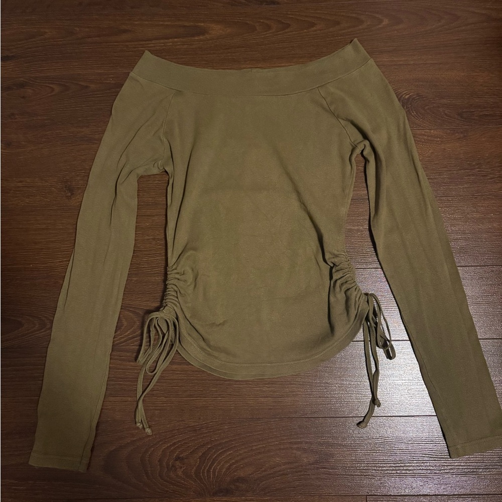 green off-shoulder cinched long sleeve top
